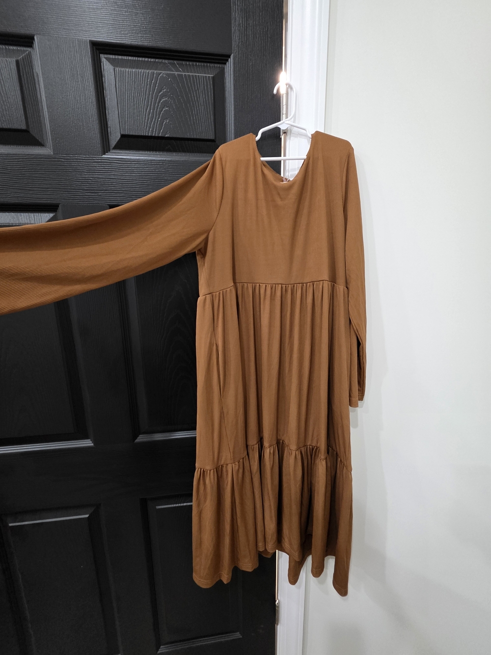 Women's Brown Tiered Midi Dress with Long Sleeves